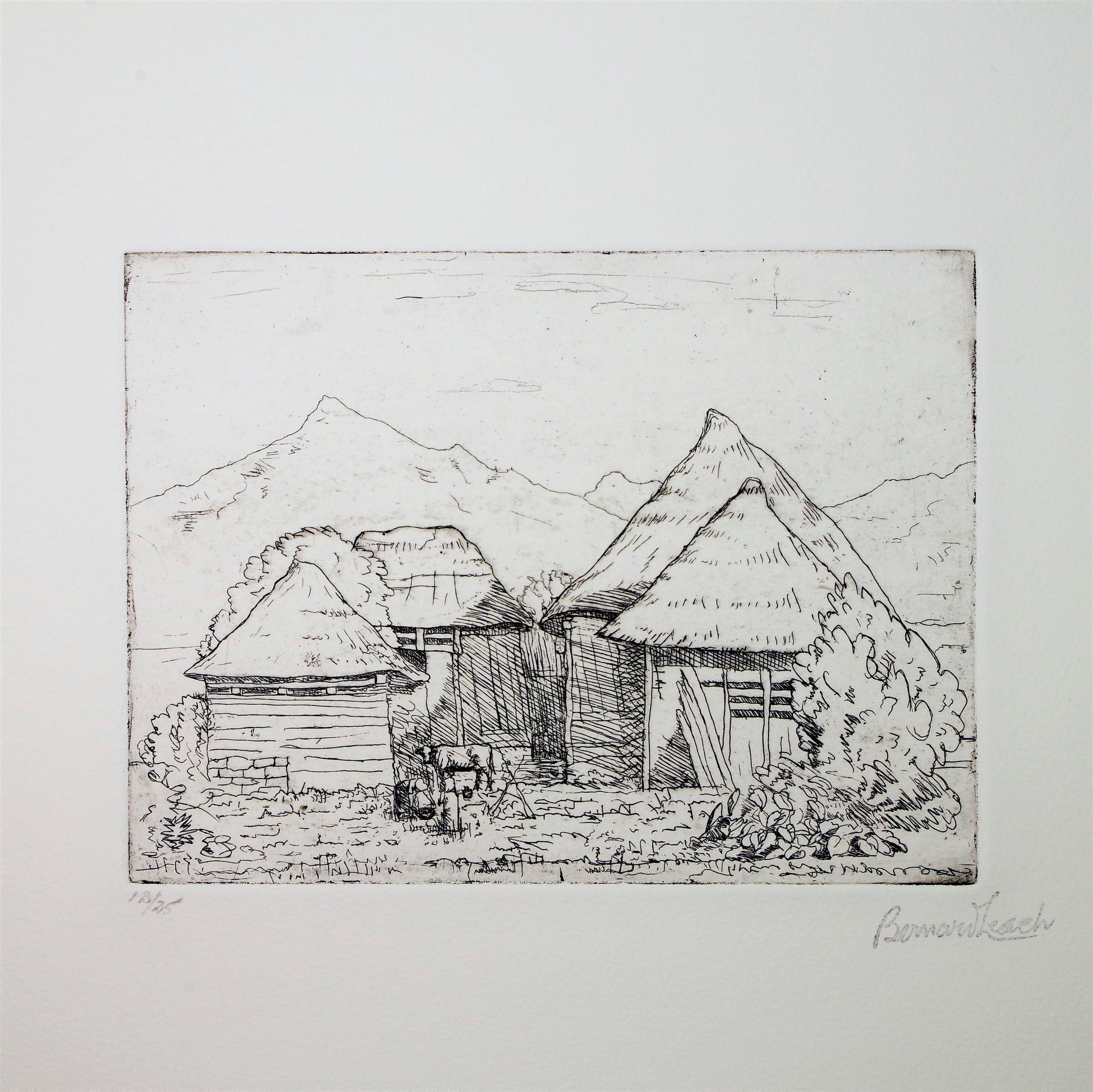 BLE24 バーナード・リーチ エッチング "Farm Buildings, Hota Village, Japan