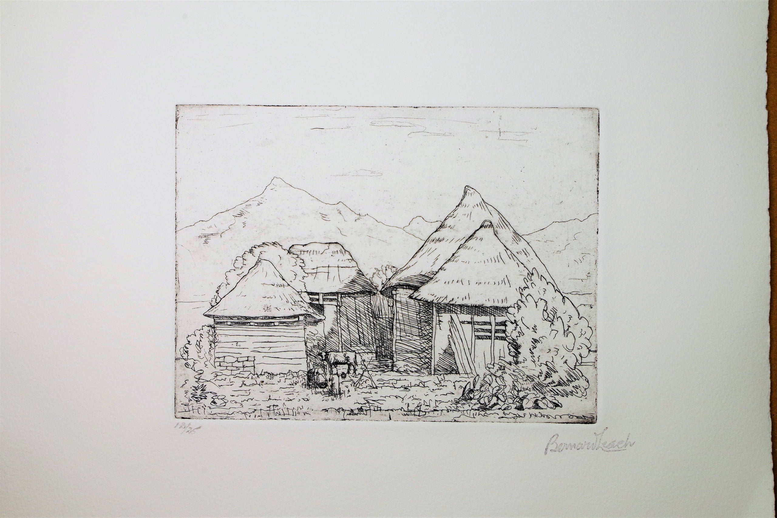 BLE24 バーナード・リーチ エッチング "Farm Buildings, Hota Village, Japan